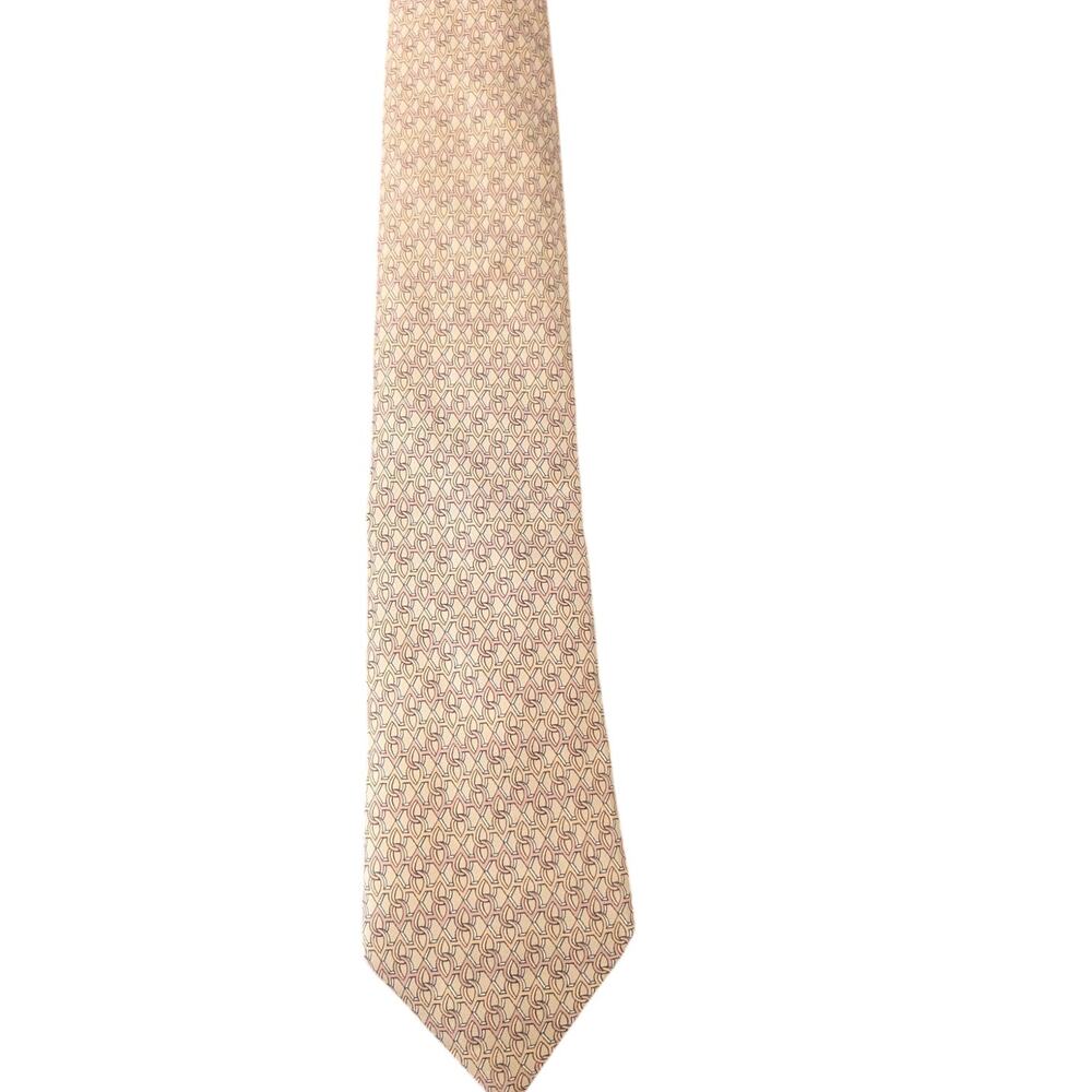 NWOT Vintage Hermès 100% Silk Men's Tan Tie With Gold Geometric Designs